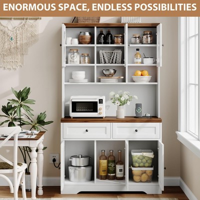 Garvee 70.8 in Tall Kitchen Pantry Cabinet with Hutch Fluted Glass Doors and 2 Drawers, Multifunctional Storage Cabinet for Dining Room - Brown White — фото 4
