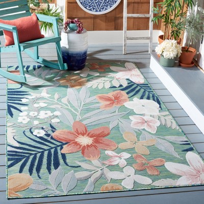 Green and Rust Floral Synthetic Round Washable Area Rug