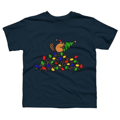 Boy's Design By Humans Cool Christmas Beaver dding Lights to Dam By SmileToday T-Shirt
