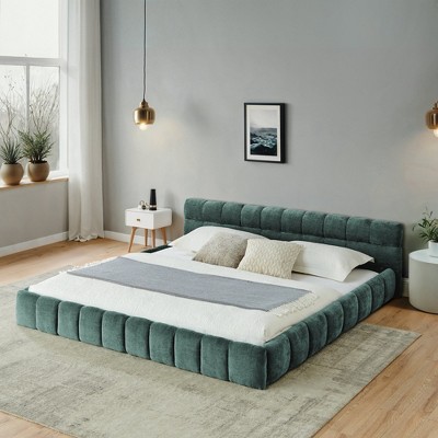 Empire DigiLabs California King Size Grounded Beds Frame with Headboard, Chenille Platform Bed with Solid Wood Frame, No Box Spring Needed