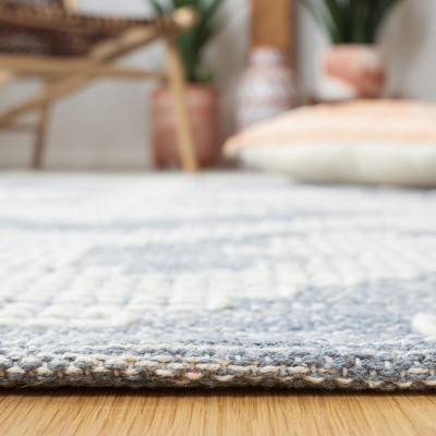 Handwoven Blue and Ivory Wool Cotton Southwestern Rug