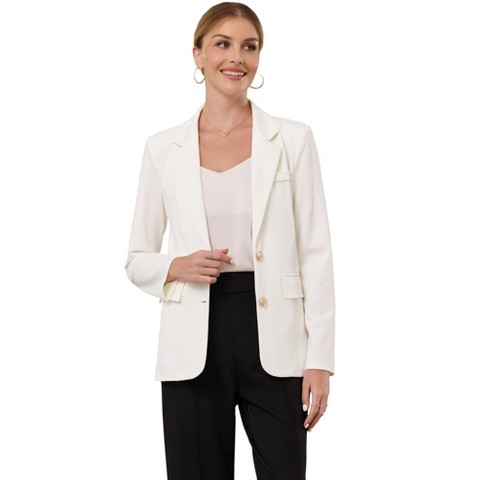 INSPIRE CHIC Women's Stretchy Knit Lightweight Long Sleeve Notch Lapel Button Down Semi Formal Jacket Blazer Medium White