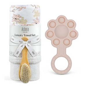 La’dore Plush Baby Towel, Washcloth & Brush & Pop-it Flower Rattle Gift Set – Soft Cotton Baby Towel, Gentle Brush, BPA-Free Sensory Toy for Newborns - 1 of 4