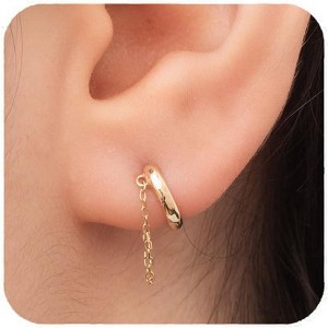 14K Gold Plated Chain Huggie Hoop Earrings, Small Dangle Chain Hoop Earrings for Women - 1 of 4