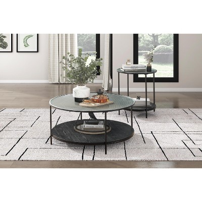 2pc Modern Occasional Table Set Coffee Table Glass Top End Table Black Metal Finish Living Room Furniture