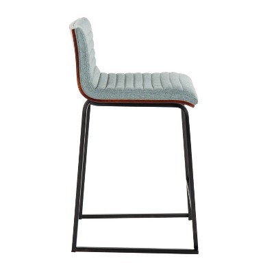 Green Upholstered Walnut Wood and Metal Counter Stools, Set of 2