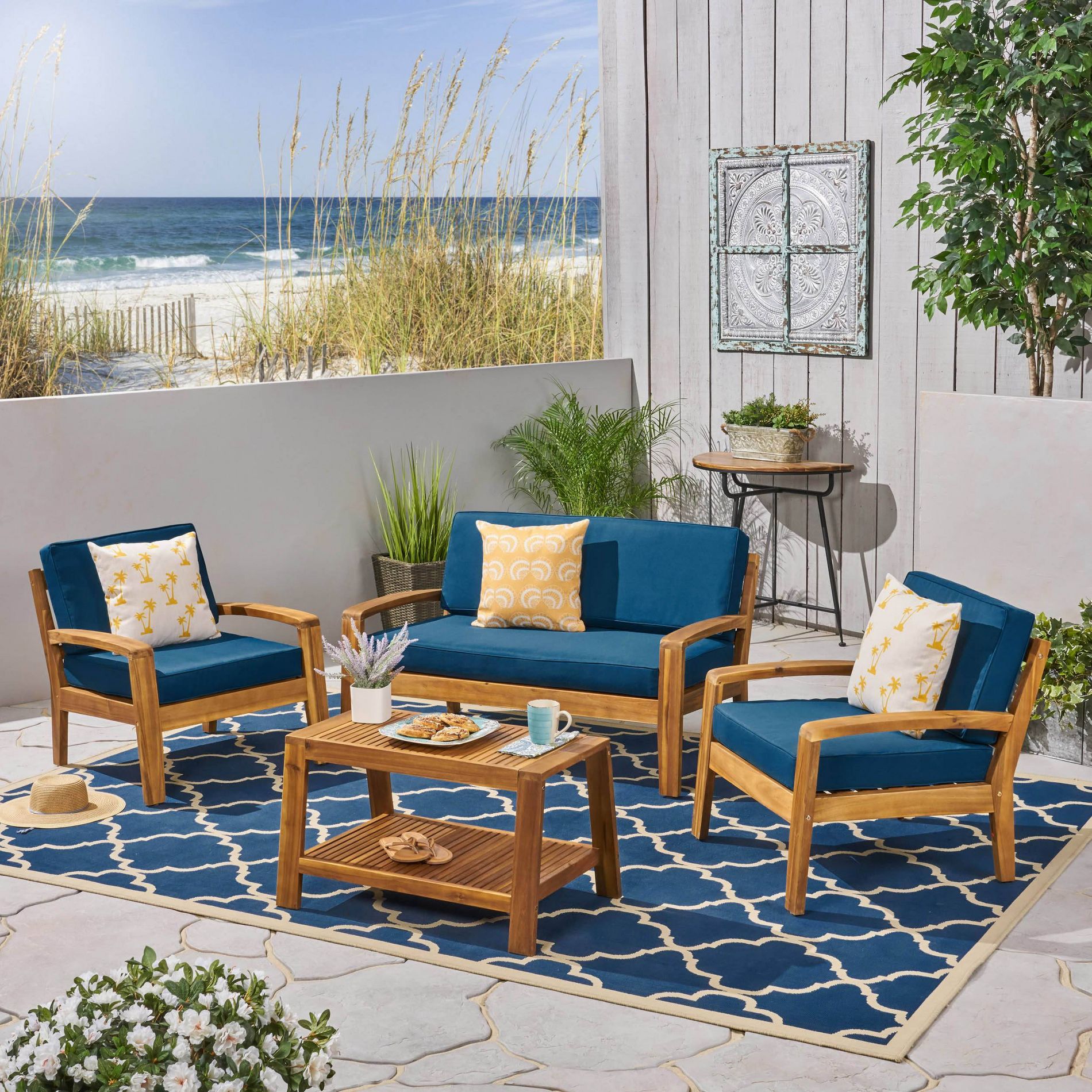 4pc Grenada Acacia Patio Chat Set Teak Brown - Christopher Knight Home: Outdoor Conversation Furniture