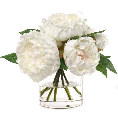 Floral Home White Peony with 7-Frond Realistic in Glass Vase - 1-Piece