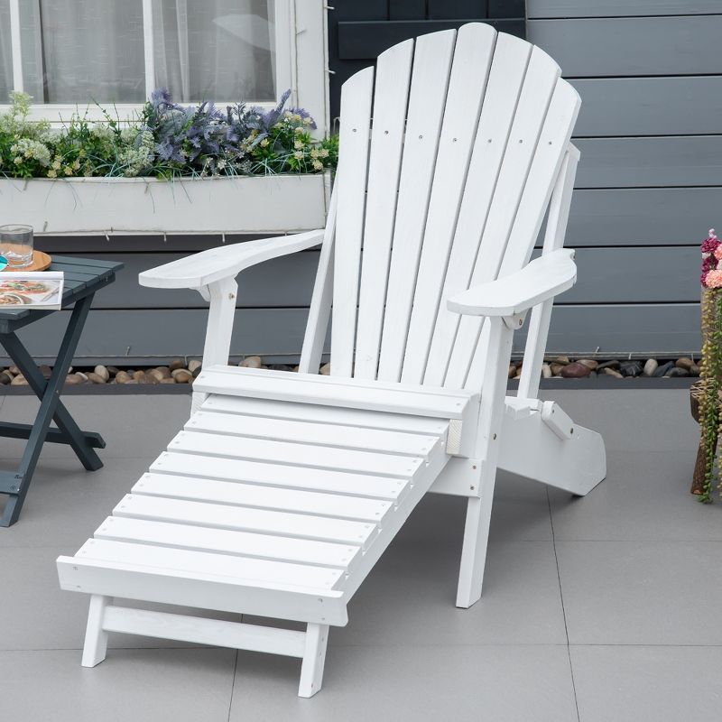 Outsunny Folding Adirondack Chair with Pull Out Ottoman, Outdoor Fir Wood Fire Pit Chair with Footrest, Porch Fanback Lounge for Patio, Garden, White, 2 of 7