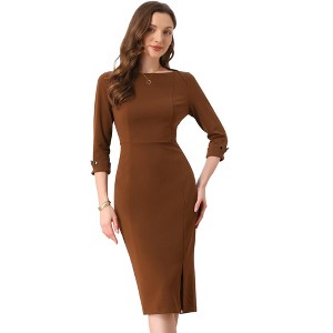 INSPIRE CHIC Women's Elegant Boat Neck 3/4 Sleeves Work Midi Split Sheath Dress - 1 of 4