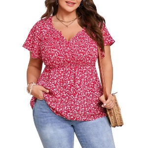 Women's Plus Size Shirt V Neck Smocked Blouse Floral Peplum Shirt Short Sleeve Tunic Top Ruffle Tops - 1 of 1