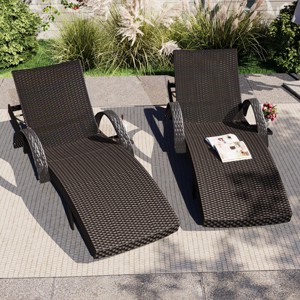 Outdoor Recliner Set of 2,Rattan Recliners With Pull-Out Side Table And Adjustable Backrest,Outdoor Chaise Lounge For Poolside-Cuddlewood - 1 of 4