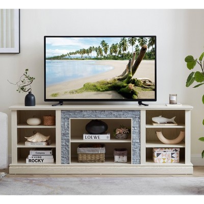 VYNXARIA White Large TV Desk Storage Rack with Faux Stacked Stone Surround - Modern Media Console Table for TVs up to 75 Inches