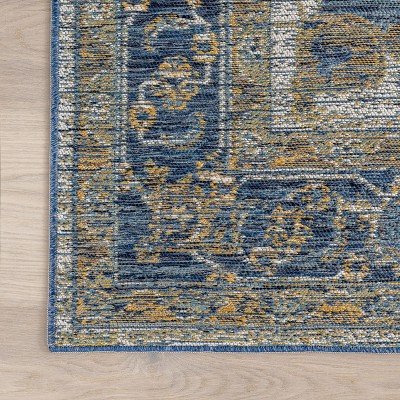 Blue and Yellow Reversible Medallion Synthetic Area Rug