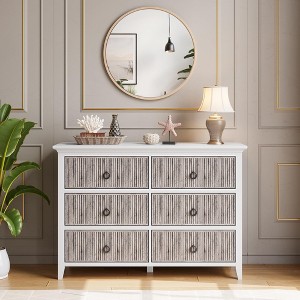 6 Drawer Dresser for Bedroom - Wooden Long Dresser Chest with Large Drawer, Waveform Fluted Panel & Anti-Tipping Design, Antique Profile Cabinet - 1 of 4