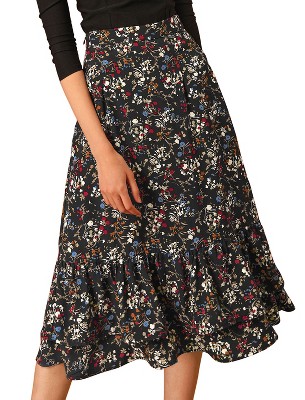 INSPIRE CHIC Women's Chiffon Elastic Waist Ruffle Tiered Flowy Midi Floral Printed Skirts