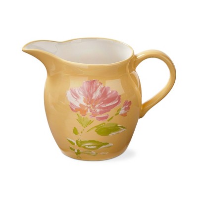 tagltd Bloom & Blossom Pink Flower Small Yellow Earthenware Water Beverage Pitcher, 36 oz