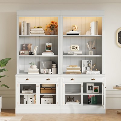 Bookshelf with Glass Doors LED Lighting and Drawers for Living Room or Office 83in Tall Storage Cabinet -3irtyhousy