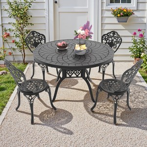 5-Piece Patio Set: Round Table & 4 Chairs - Cast Aluminum, All-Weather/Umbrella Hole & Adjustable Legs for Balcony/Backyard - 1 of 4