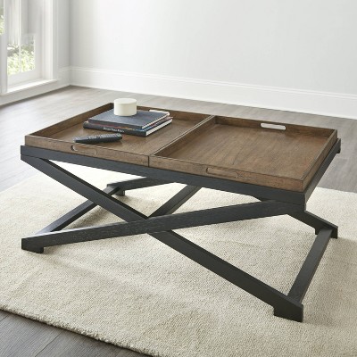 Walnut and Black Rectangular Wood Cocktail Table with Reversible Trays