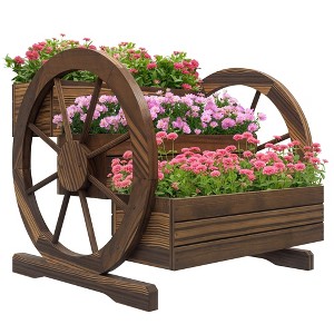 Outsunny 3 Box Raised Garden Planter, Indoor Outdoor Decorative Wagon Wheel Wooden Planter, Double Garden Bed with Drainage Holes, 25" x 24" x 23" - 1 of 4