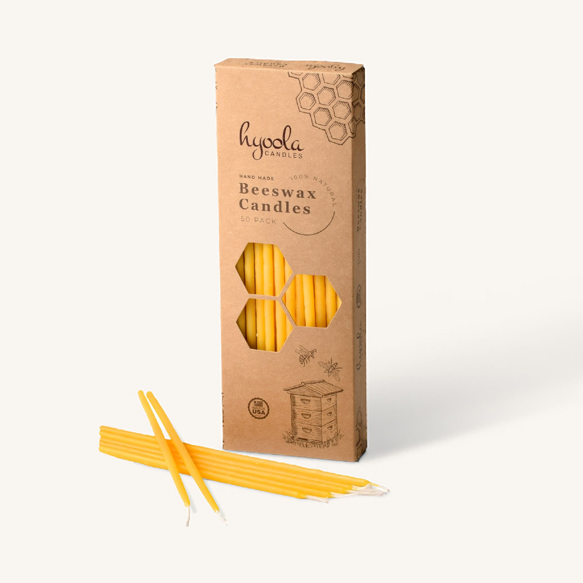 Hyoola Yellow Beeswax Candles - Long - 50 Pack