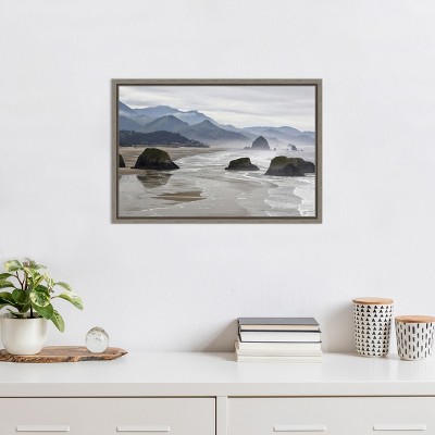 Cannon Beach Fog Coastline Landscape Canvas Print in Grey Frame