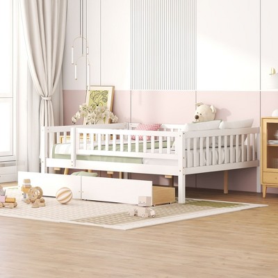 NicBex Twin/Full Size Daybed Wood Bed Frame with 2 Drawers and Fence Guardrails for Children,Boys,Girls