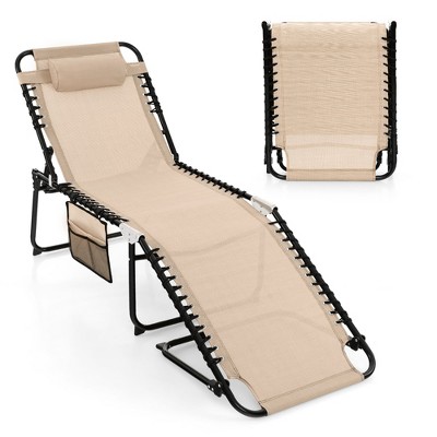 Tangkula Patio Folding Chaise Lounge Portable Lay Flat Reclining Chair w/ 4-Level Backrest Side Pocket