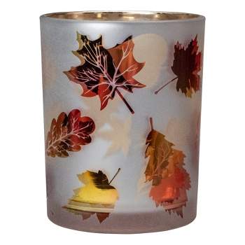 Northlight 5" Matte White and Gold Autumn Leaves Flameless Glass Candle Holder