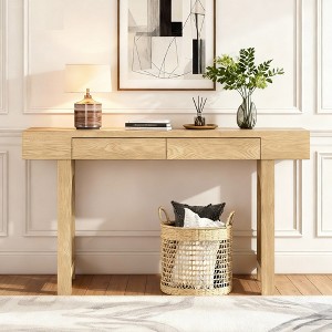 Luxystar Narrow Console Table with Rattan Accent & Storage Drawers, Rustic Entryway Sofa Table for Living Room & Hallway, Natural - 1 of 4