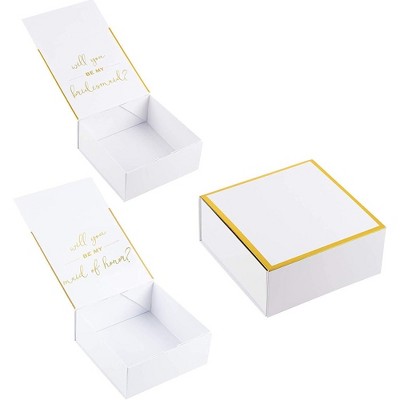 Juvale 2 Bridesmaid Proposal Box and 1 Maid of Honor Proposal Gift Box, Gold Foil Text and Border, White, 8 x 8 x 3.6 Inches