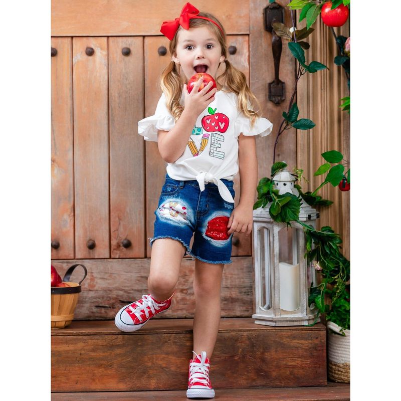 Girls Love To Learn Patched Denim Shorts Set - Mia Belle Girls, 5 of 6