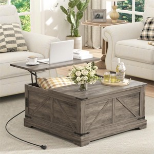Lift Top Wood Square Center Table with Charging Station, Rustic Coffee Table - 1 of 4