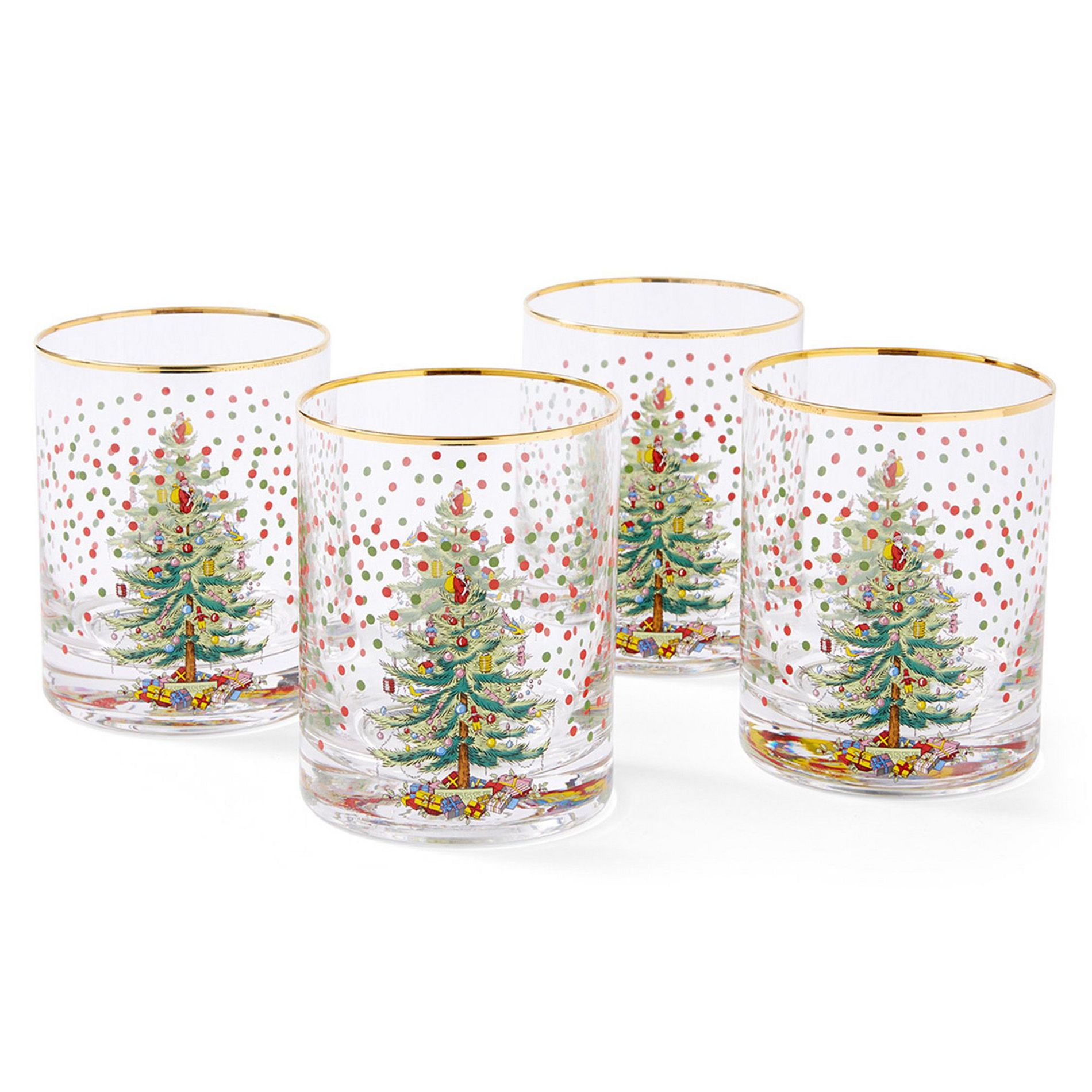 Spode Christmas Tree 14 Fl. Oz. Double Old Fashion Glass (Set of 4), Polka Dot - Whiskey Glasses & Bourbon Glasses for Festive Entertaining