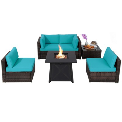 Tangkula 6-Piece Patio Furniture Set w/ 30" Propane Fire Pit Table Outdoor PE Wicker Conversation Set w/ Cushions &Tempered Glass Coffee Table