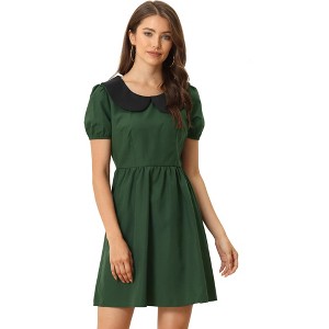 Allegra K Women's Contrast Peter Pan Collar Puff Short Sleeve A-line Dress - 1 of 4