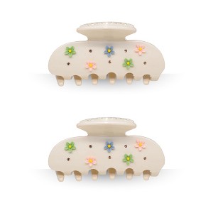 LA Glam Co. Hollywood 3" Claw Clips - All Hair - 2-Pack - Beige Flowers - 1 of 1