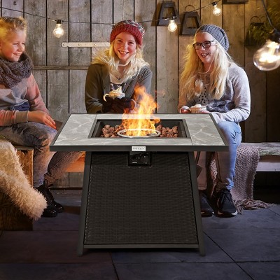 35" Black Marble and Rattan Gas Fire Pit Table