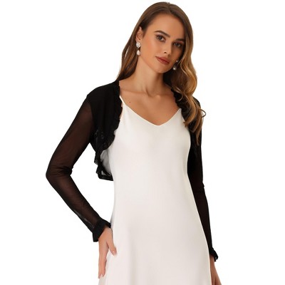 INSPIRE CHIC Women's Elegant Sheer Mesh Long Sleeve Ruffle Collar Crop Bolero