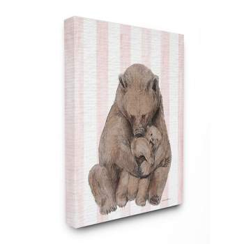 Stupell Industries Playful Mother Bear and Cub Pink Stripe Nursery Illustration