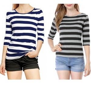 Allegra K Women's Elbow Sleeves Round Neck Slim Fit T-Shirt 2 Packs - 1 of 4
