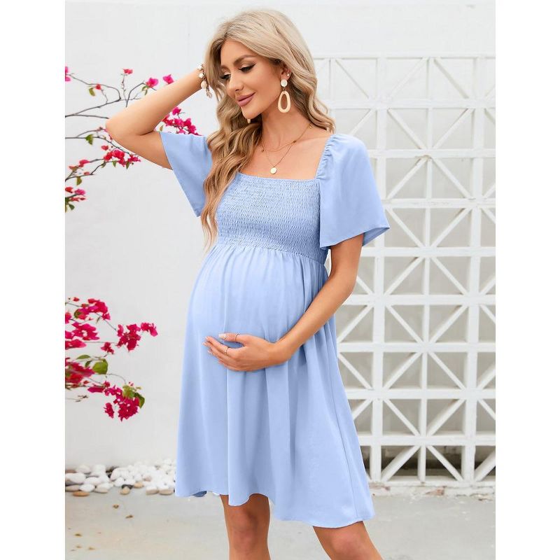 Summer Maternity Dress Women Smocked Square Neck Puff Sleeve Off Shoulder Dress, 2 of 8
