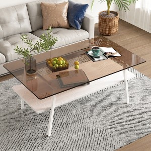 NicBex Rectangle Coffee Table with Open Shelf,Tempered Glass Tabletop with Metal Legs,2-Tier Wood Center Table for Living Room - 1 of 4