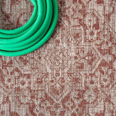 Bohemian Medallion 5' Square Indoor/Outdoor Rug in Red and Taupe