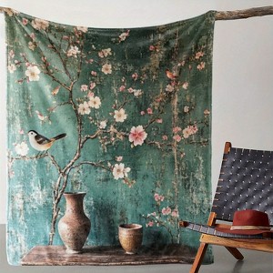 Lomsoe Vintage Plum Blossom & Bird Print Flannel Blanket - All Seasons Soft and Warm Throw Blanket for Napping, Camping, Travel, Office - 1 of 4