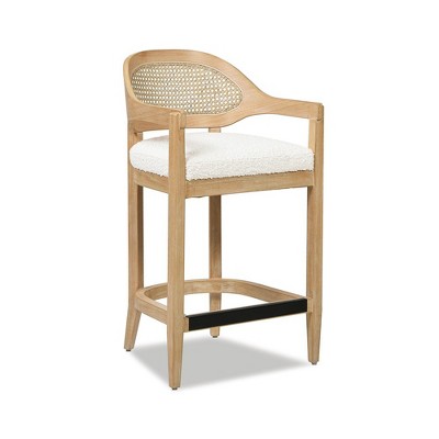 Ivory White Bouclé 26" Cane Back Counter Stool with Oak Frame