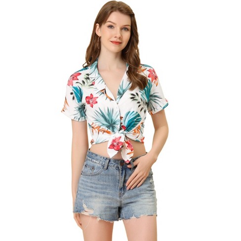 Allegra K Women's Hawaiian Floral Leaves Printed Short Sleeve Button Down  Vintage Beach Shirt White Floral X-Large