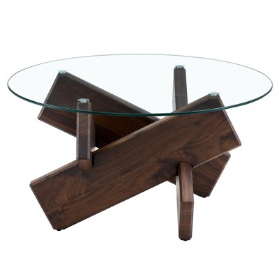 FURNIinspire Coffee Tables Round Glass Coffee Table Colored Texture Sticker MDF Legs for Living Dining Room, Brown, 33.4"*33.4"*18"