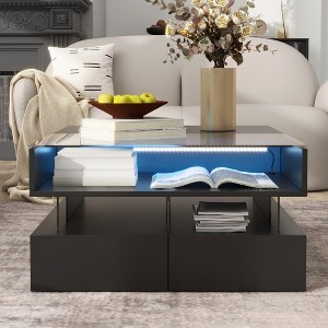 Damerin High-Gloss Lift-Top Square Accent Coffee Table With Drawers,Hidden Space And LED Lights-Black - 1 of 4